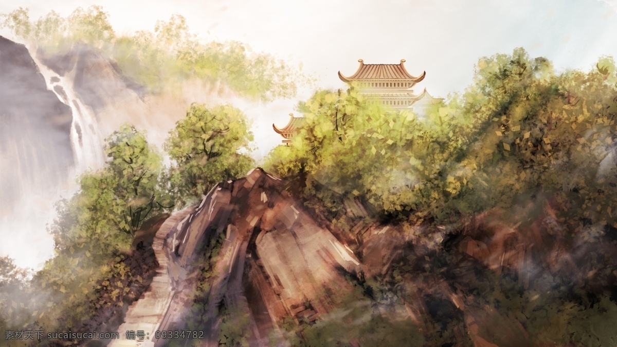 创意 细腻 写实 古风 建筑 山中 古寺 插画 风景画 风景 中国元素 传统文化 古建筑 厚涂 中国文化 传统艺术 东方元素 风景名胜 名胜古迹 山