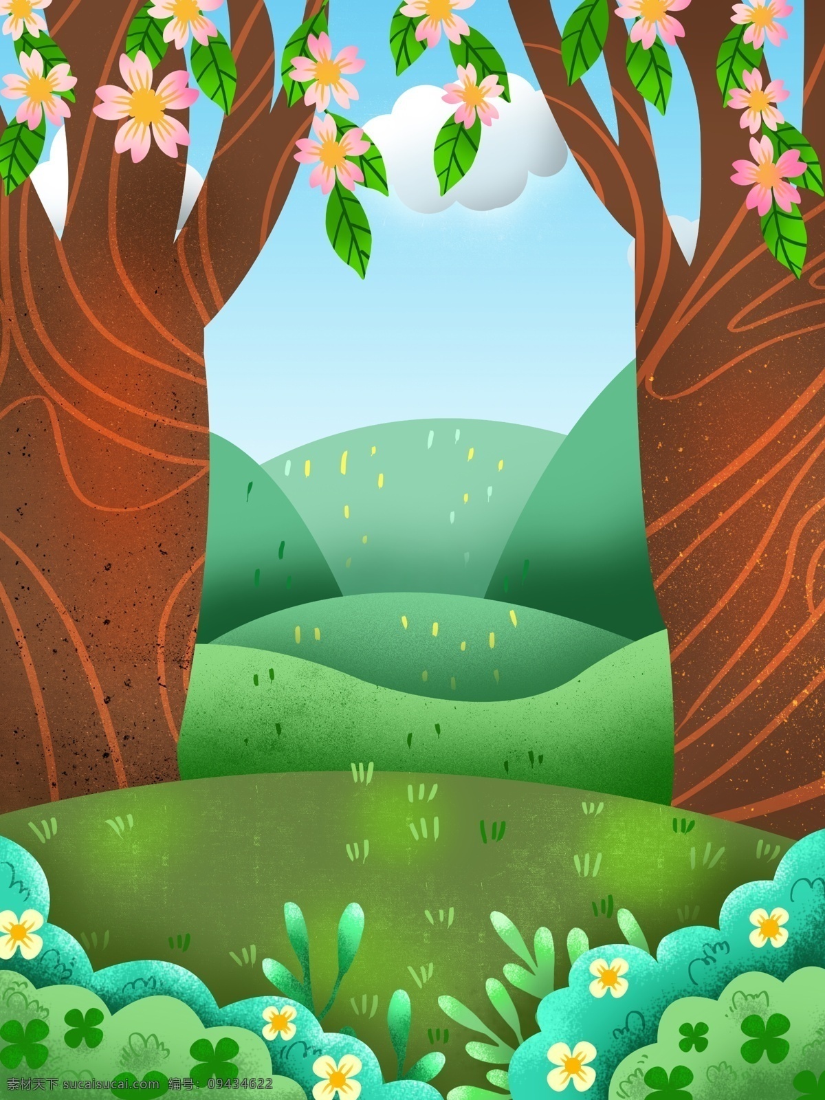 清新 春季 树林 花丛 惊蛰 背景 花朵 草地 春天背景 广告背景 背景设计 彩绘背景 psd背景 背景展板 特邀背景 背景展板图 背景图