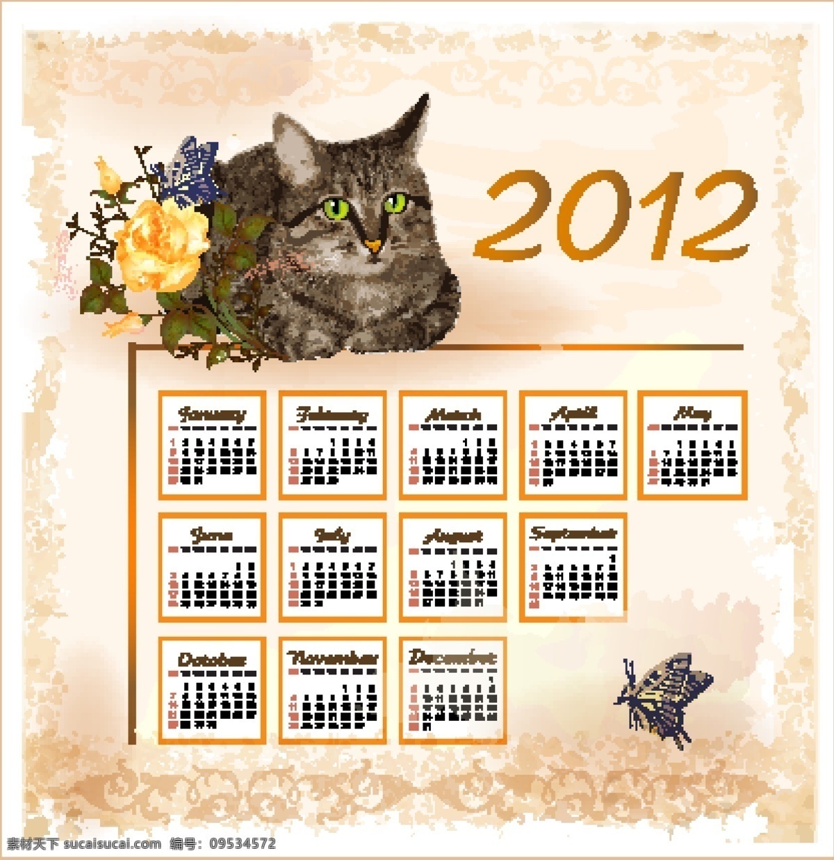 2012 动物 日历 新年 挂历 挂历模板 年历模板 台历 月历 新年素材 龙年 猫 蝴蝶 花纹底纹 日历台历 矢量素材 白色