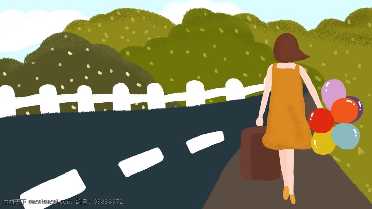 世界 旅游 日 少女 旅行箱 气球 步行 户外 公路 插画 小清新 世界旅游日 配图