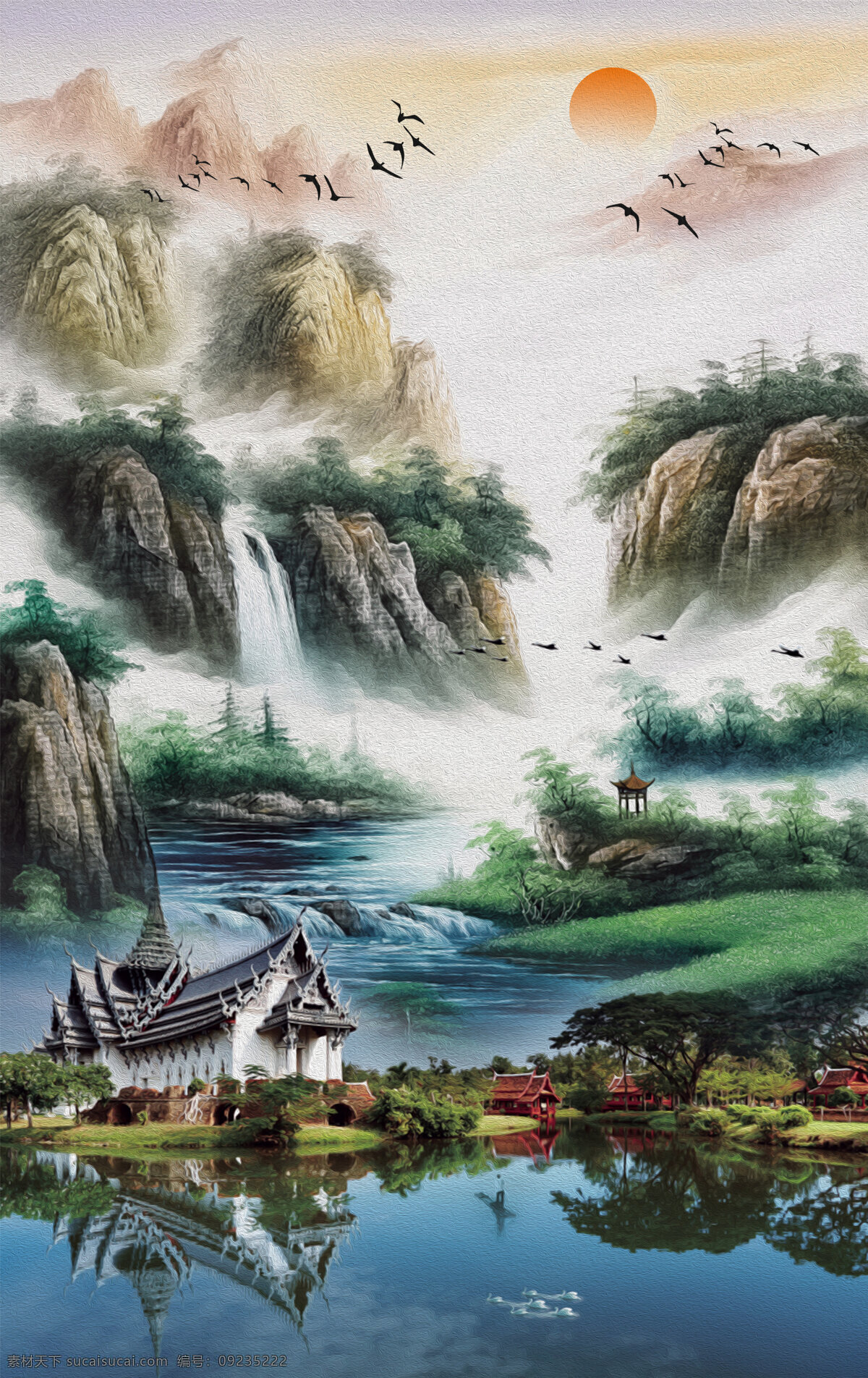 新 中式 装饰画 背景 山脉 群山 屋 太阳 鸟 山水