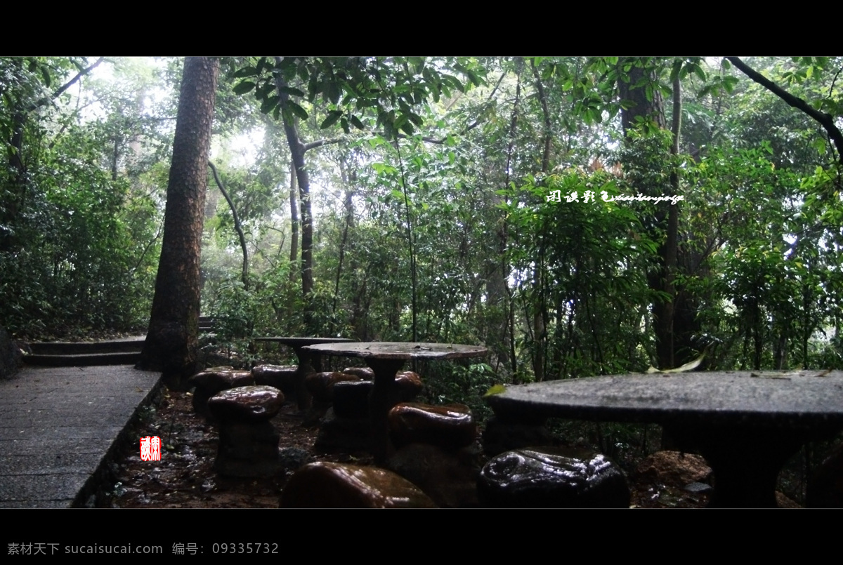 山间 小道 风景 绿色 石桌 树木 小路 雨雾 生活 旅游餐饮