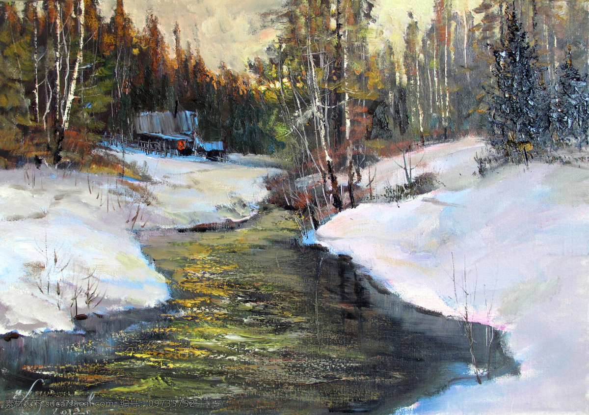 白雪 风景 绘画书法 美术 树林 树木 文化艺术 冬日的山林 油画 山野 溪流 油画艺术 油画作品41 家居装饰素材