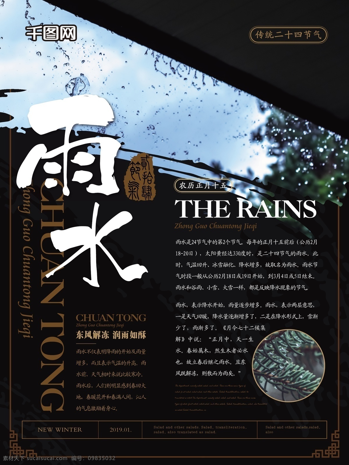 简约 大气 雨水 节气 海报 简约风 传统节气 下雨 屋檐 松枝