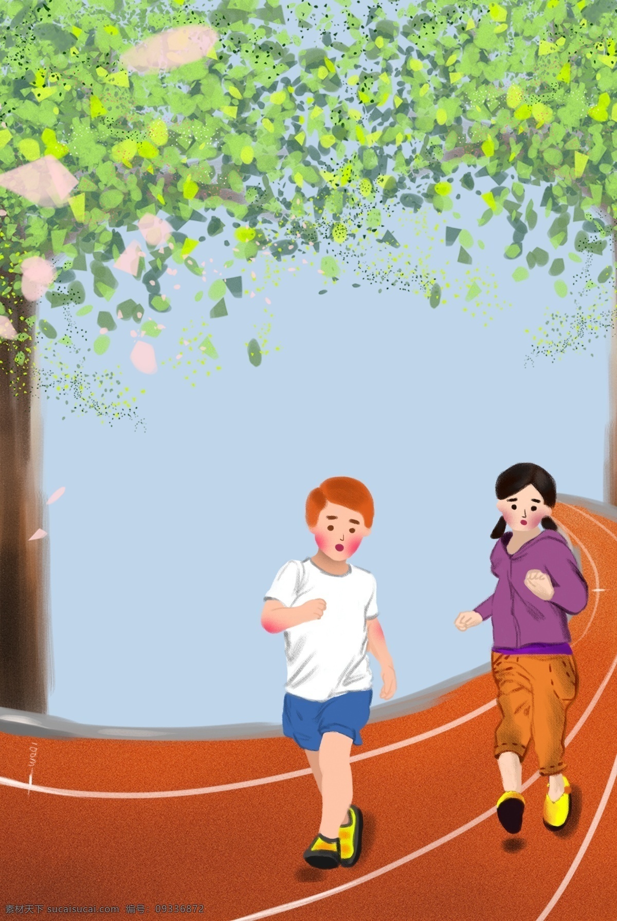 校园 秋季 运动会 跑步 运动 海报 背景 秋季运动会 操场 男孩 女孩 手绘卡通 教育 宣传海报 展板