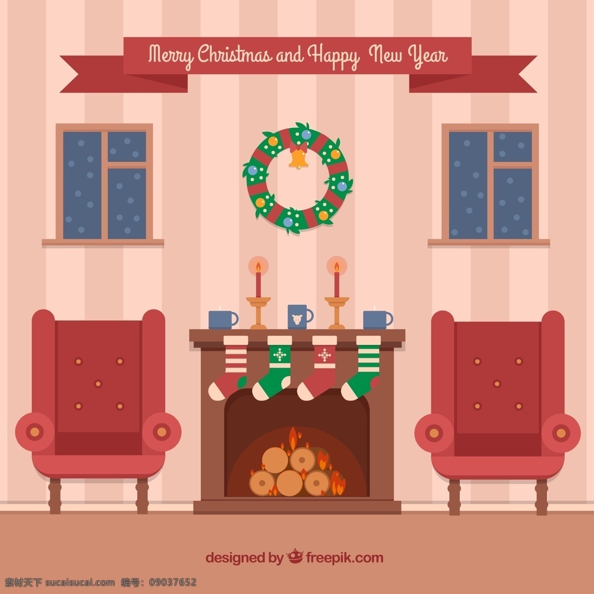 温馨 圣诞节 客厅 矢量 丝带 条幅 沙发 篝火 木头 圣诞袜 蜡烛 窗户 新年快乐 merry christmas 矢量图 粉色