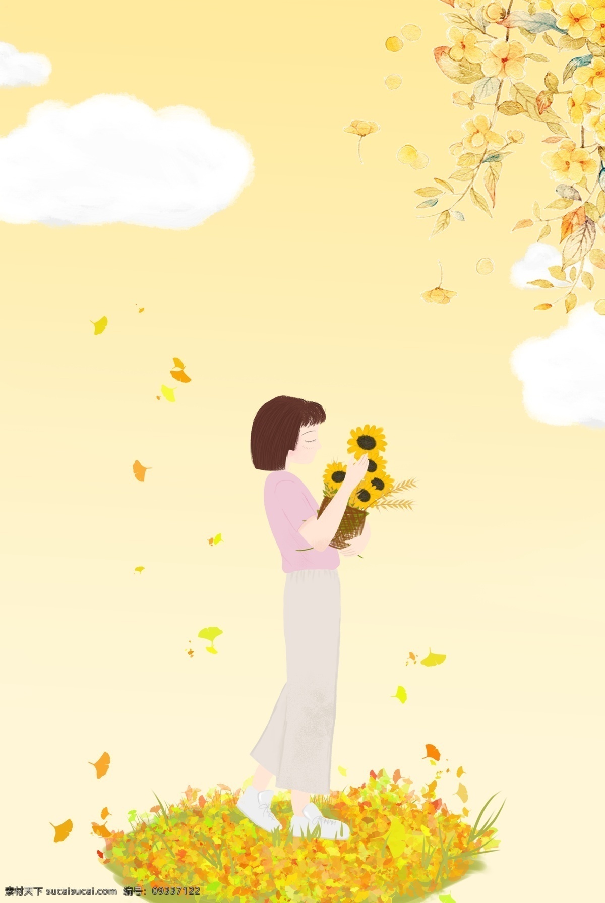 清新 文艺 立秋 手绘 女孩 漂浮 叶子 广告 背景