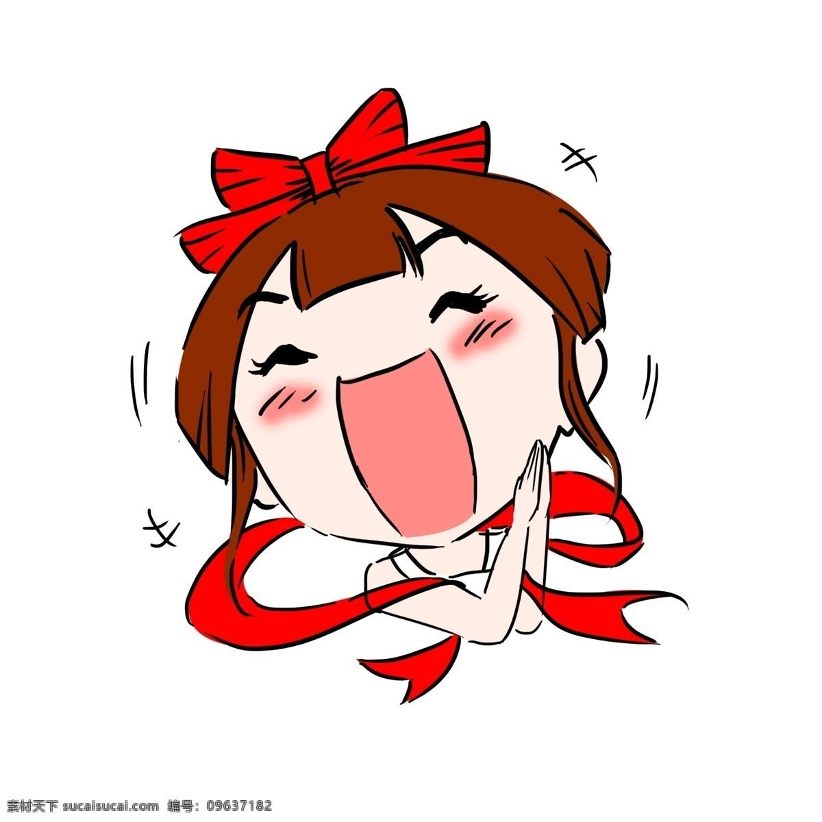 开心 小女孩 卡通 插画 开心的小女孩 大笑的女孩 可爱的小女孩 开心表情 红色丝带 发饰装饰 卡通插画