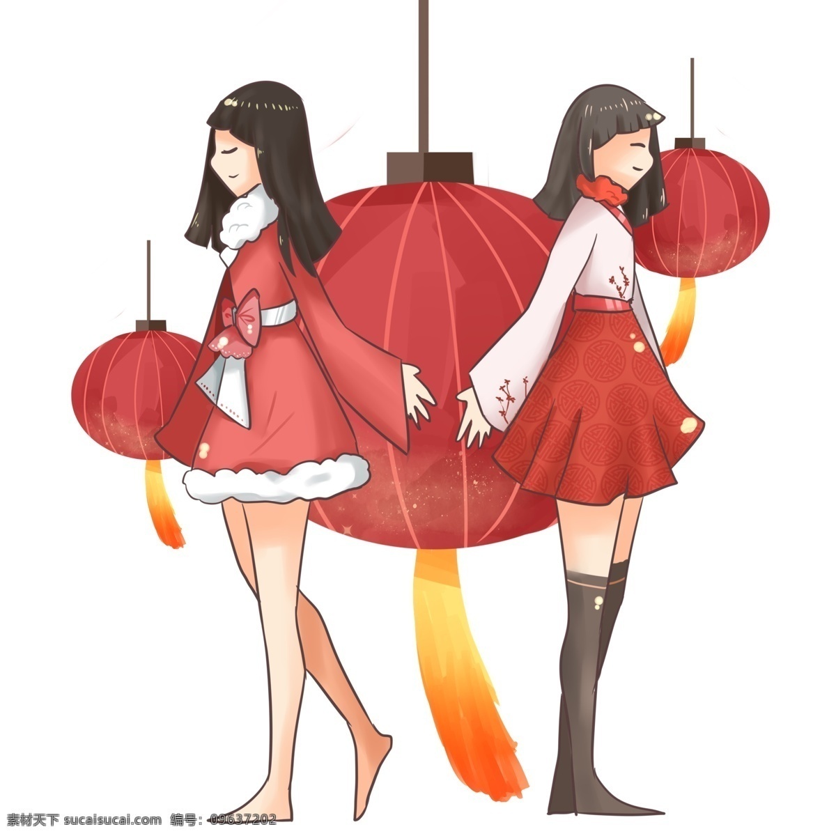 两个 女孩 灯笼 迎新 春 红红火火 年 灯笼高高挂 福气滚滚来 双人庆新年 大红灯笼贺岁 双人