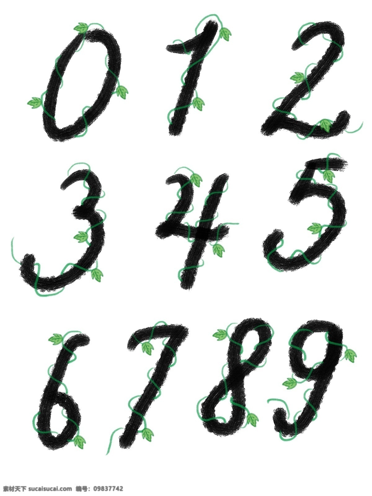 水墨 数字 组合 艺术 字 艺术字素材 手绘 0到9组合 藤叶缠绕数字