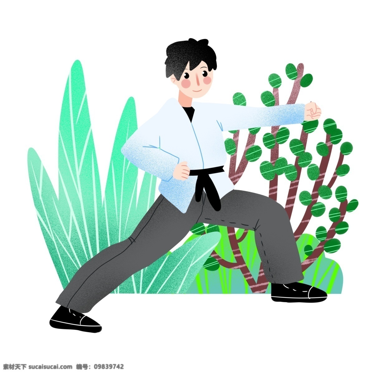 健身 运动 跆拳道 插画 练功的男孩 卡通插画 健身插画 运动插画 健身运动 锻炼插画 绿色的小树
