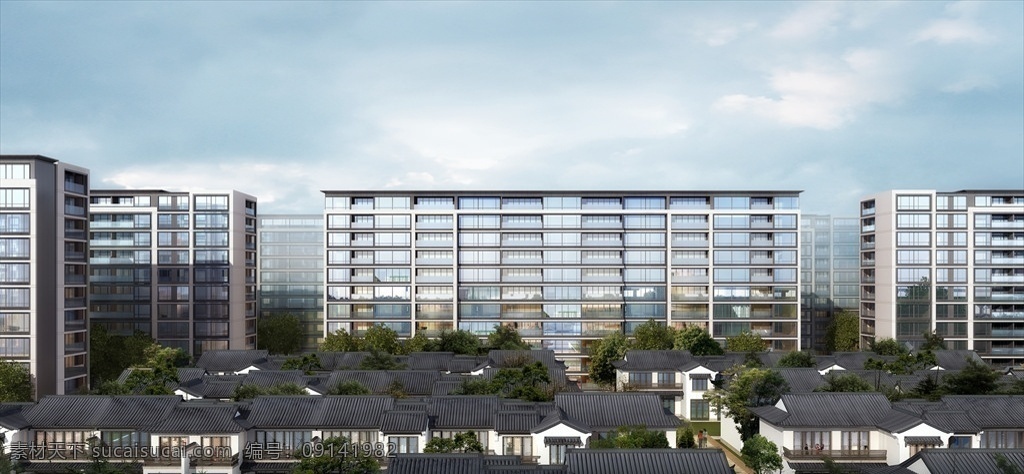 中式 建筑 玻璃幕墙 效果图 古建筑 中式建筑 仿古建筑 古建山墙 实木板 实木房子 老房子 灰砖墙 砖墙 青砖路面 瓦屋面 玻璃窗户 建筑外立面 装饰 3d设计 室外模型