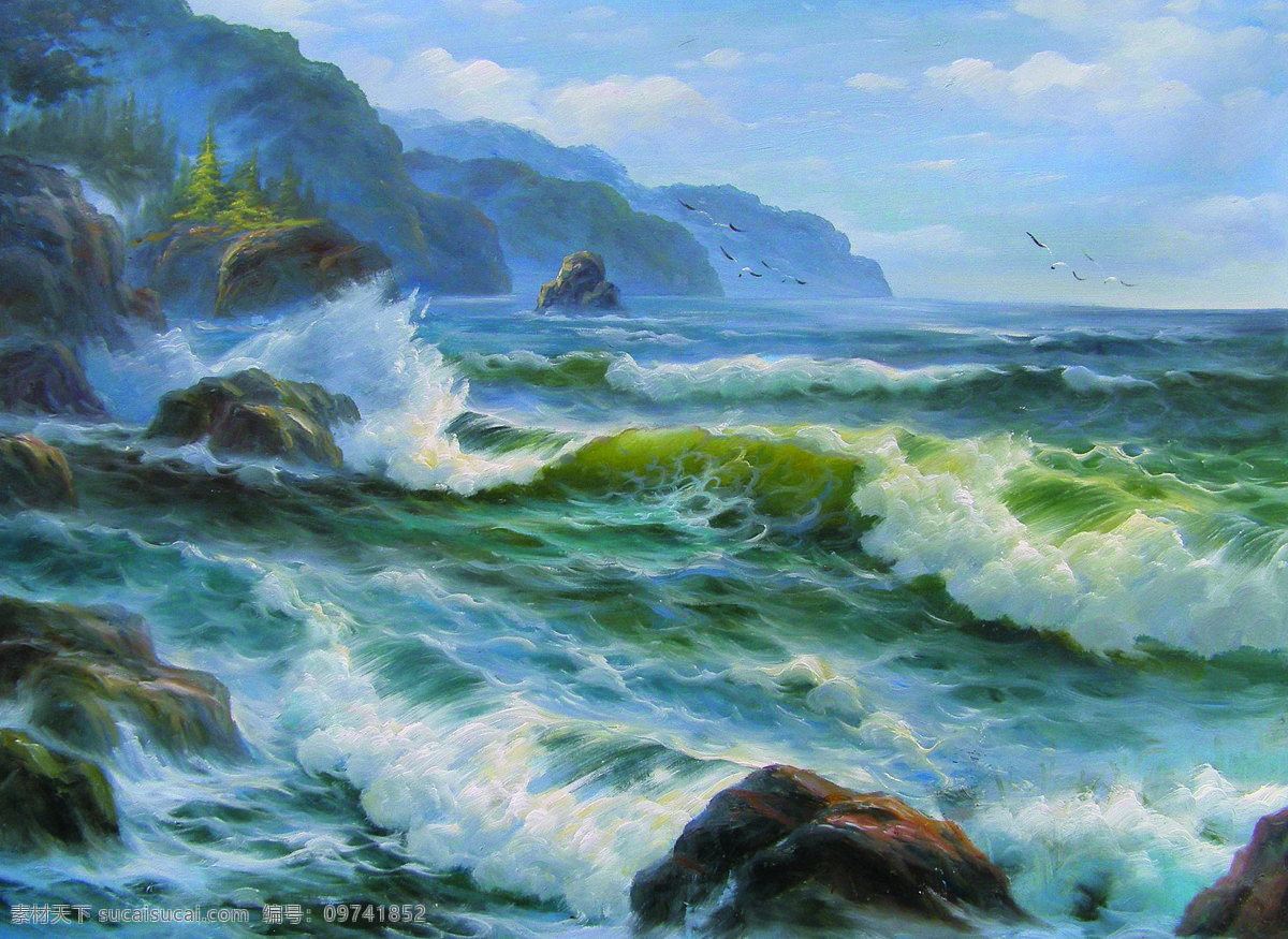大海 风景画 海岛 海浪 海浪模板下载 海鸥 海水 绘画书法 浪设计素材 美术 油画 浪涛 礁石 油画艺术 文化艺术