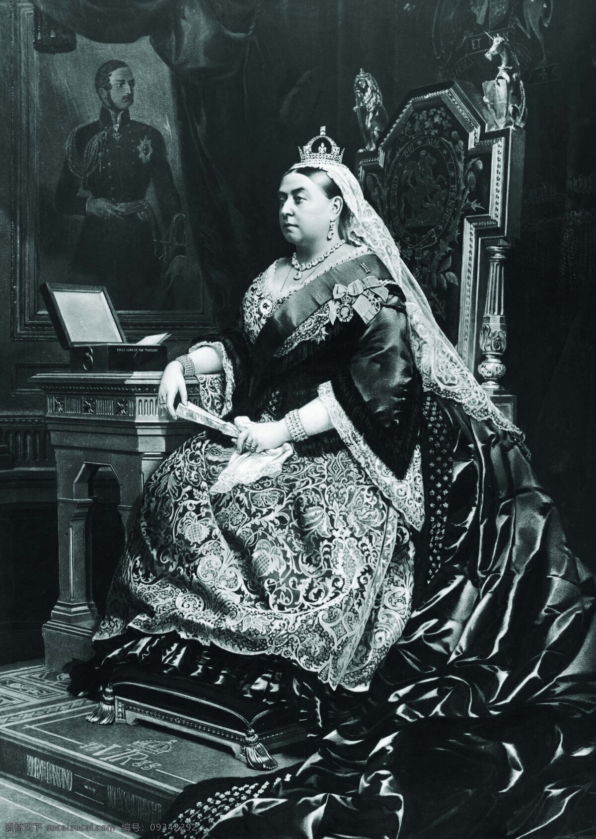 维多利亚女王 维多利亚 女王 皇室 贵族 痴情 女人 独立 经典 艺术 黑白 壁画 椅子 家居 头巾 裙子 上流 女性女人 人物图库