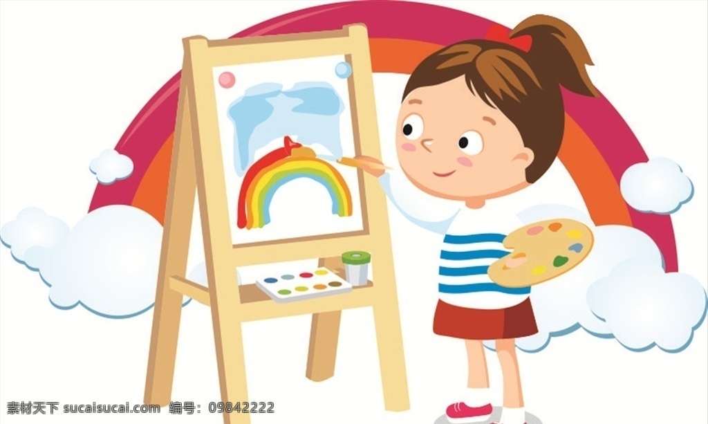 小小绘画家 绘画 卡通 画笔 彩虹 画板 云 小女孩 画画 动漫动画 动漫人物