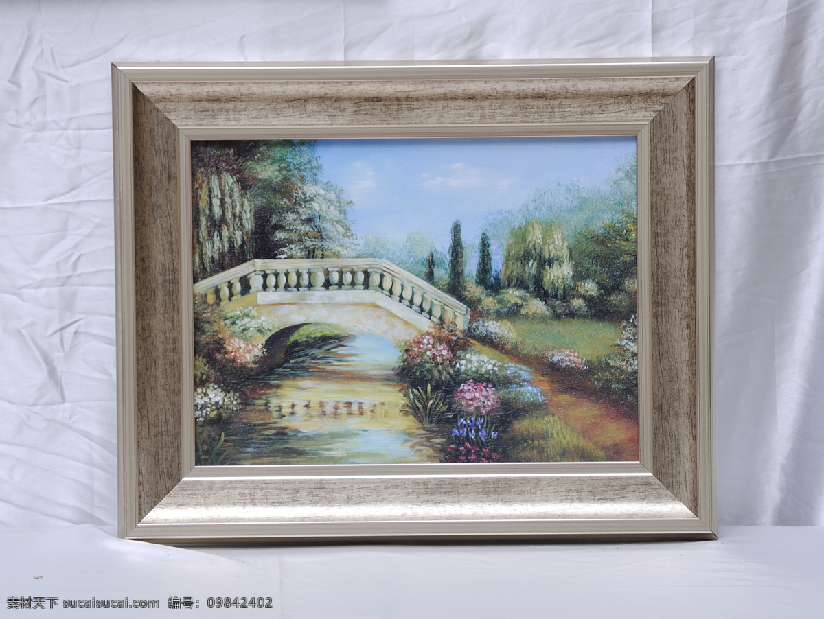 风景画 绘画 流水 美术绘画 欧式画 欧式油画 文化艺术 油画 相框画 欧式 画 小桥 装饰素材