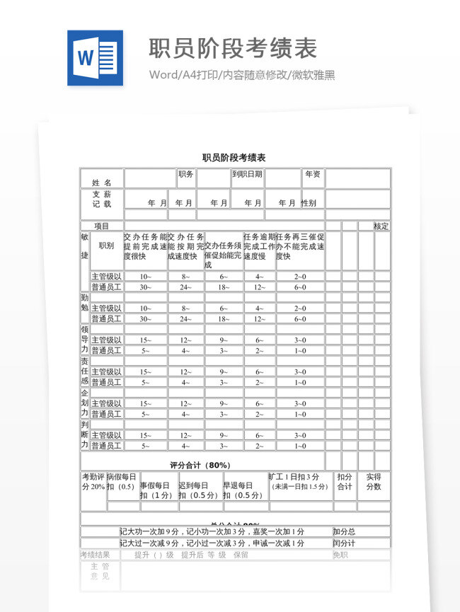 职员 阶段 考绩 表 工作范文 公证书 文档模板 文档素材 word文档 实用模板