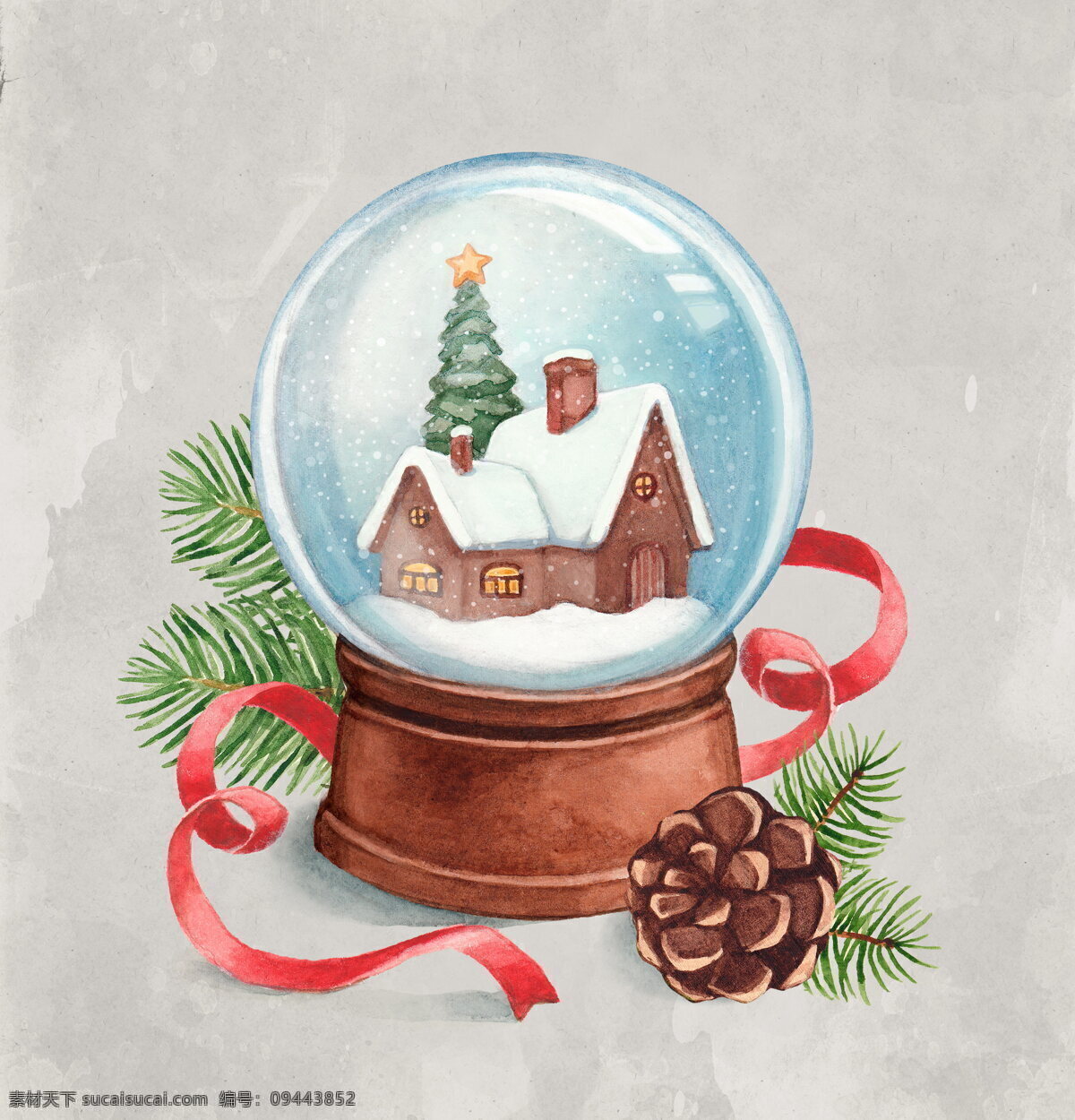 圣诞 水晶球 彩带 插画 圣诞节 圣诞素材 雪屋 装饰物 圣诞水晶球 冷杉 节日素材