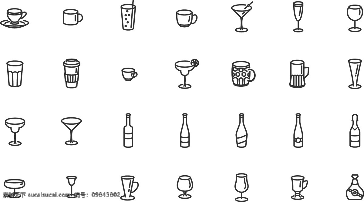 线框图标设计 线框图标 图标 常用图标 生活用品 酒杯 杯子 玻璃杯 白色