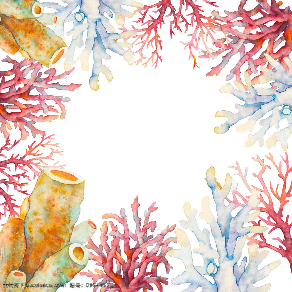 水彩珊瑚背景 水彩海洋生物 彩色 水墨 海洋生物 海底动物 底纹背景 背景花边 水珊瑚 海底背景