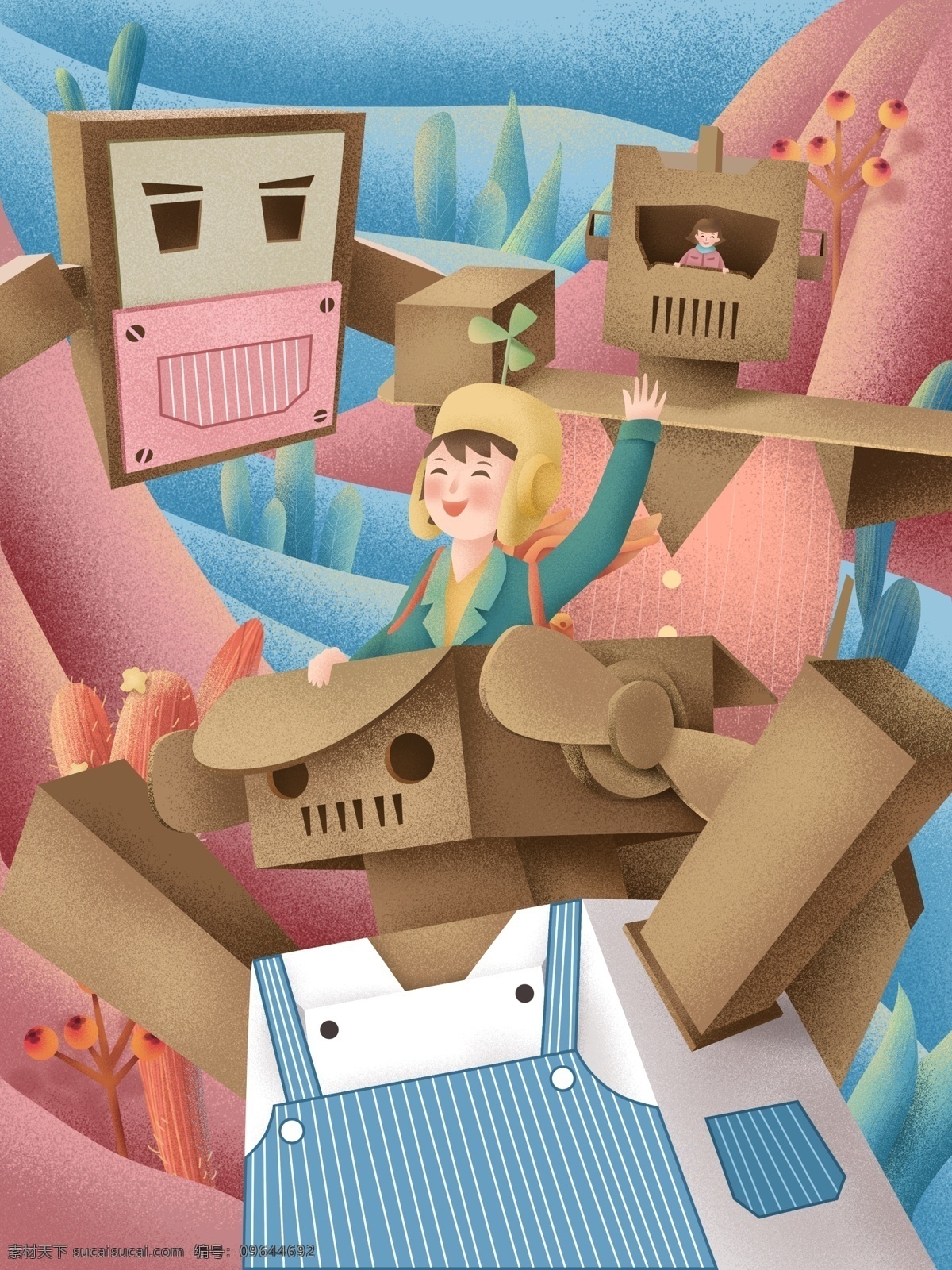 原创 手绘 插画 童年 幻想 纸箱 机器人 梦幻 手绘插画 儿童