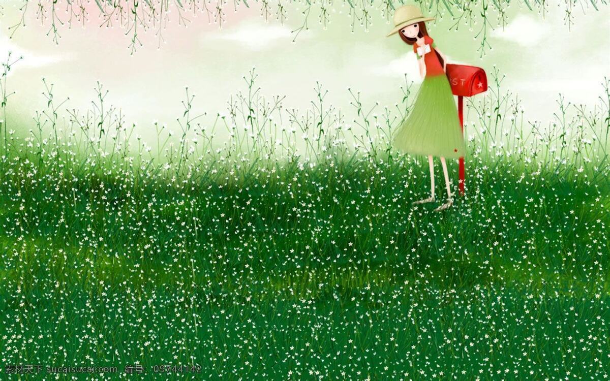 韩国 可爱 女孩 小 清新 插画 花草背景 可爱女孩 绿色 小清新 红色邮箱 插画集