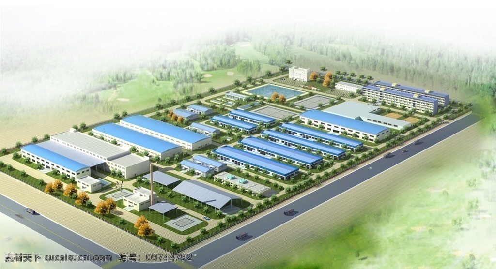 工厂鸟瞰图 俯视图 俯瞰图 厂房 工厂 办公楼 变电站 树 人 建筑 后期 分层