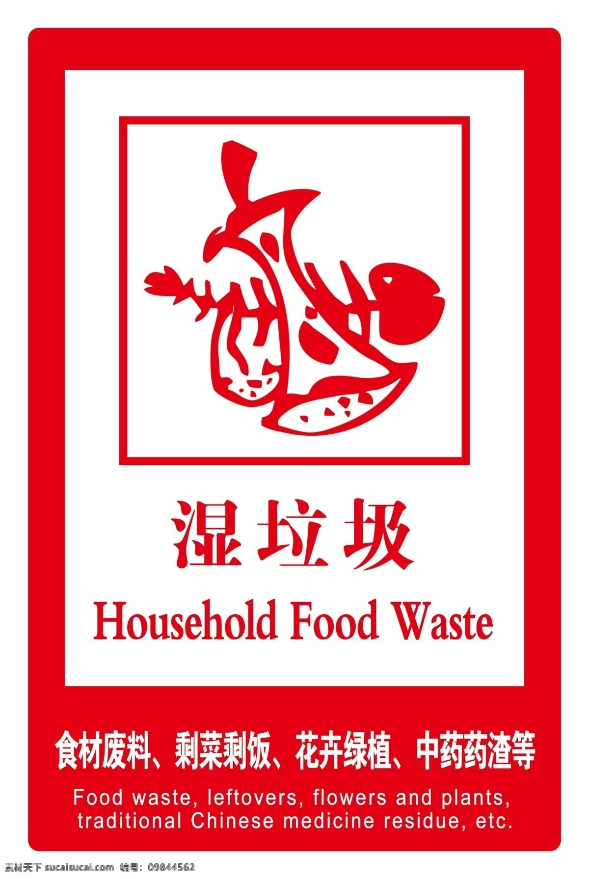 湿垃圾展板 湿垃圾标识牌 食材废料 剩菜剩饭 药渣 红色背景