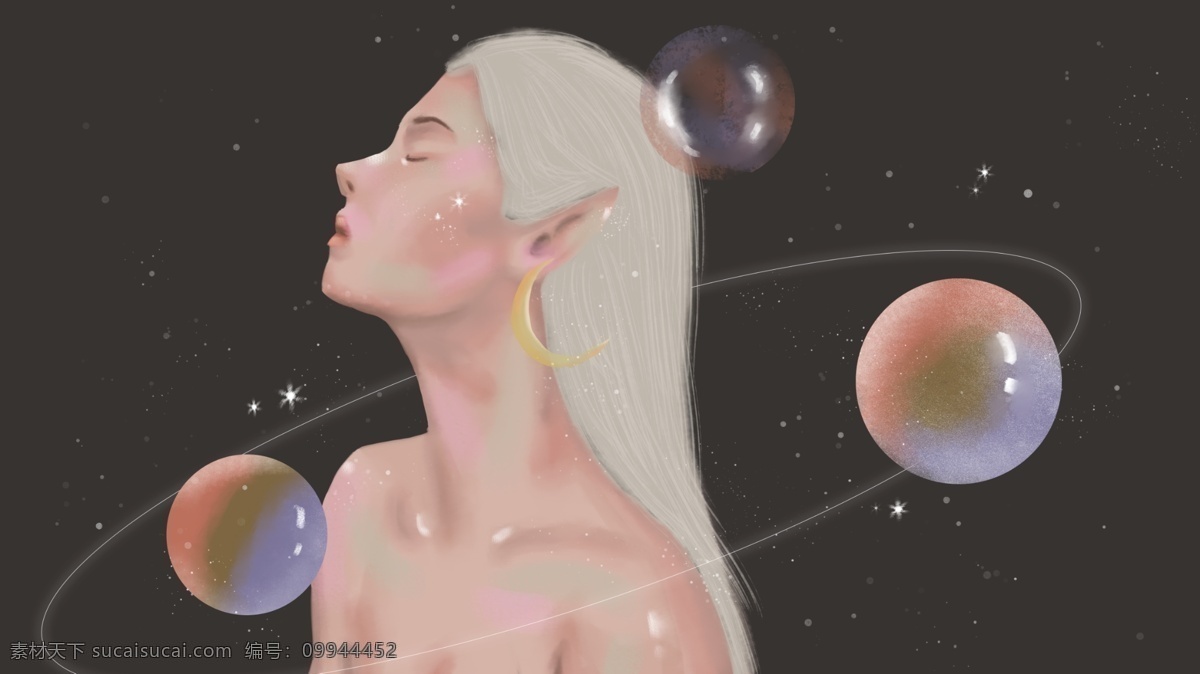 百年孤独 风格 精灵 少女 治愈 原创 插画 星空 梦幻 月亮 星海 星球 夜空 泡泡 女孩 孤独 黑夜 朋友圈配图 手机壁纸 插图 配图 微博配图 公众号配图 文章配图