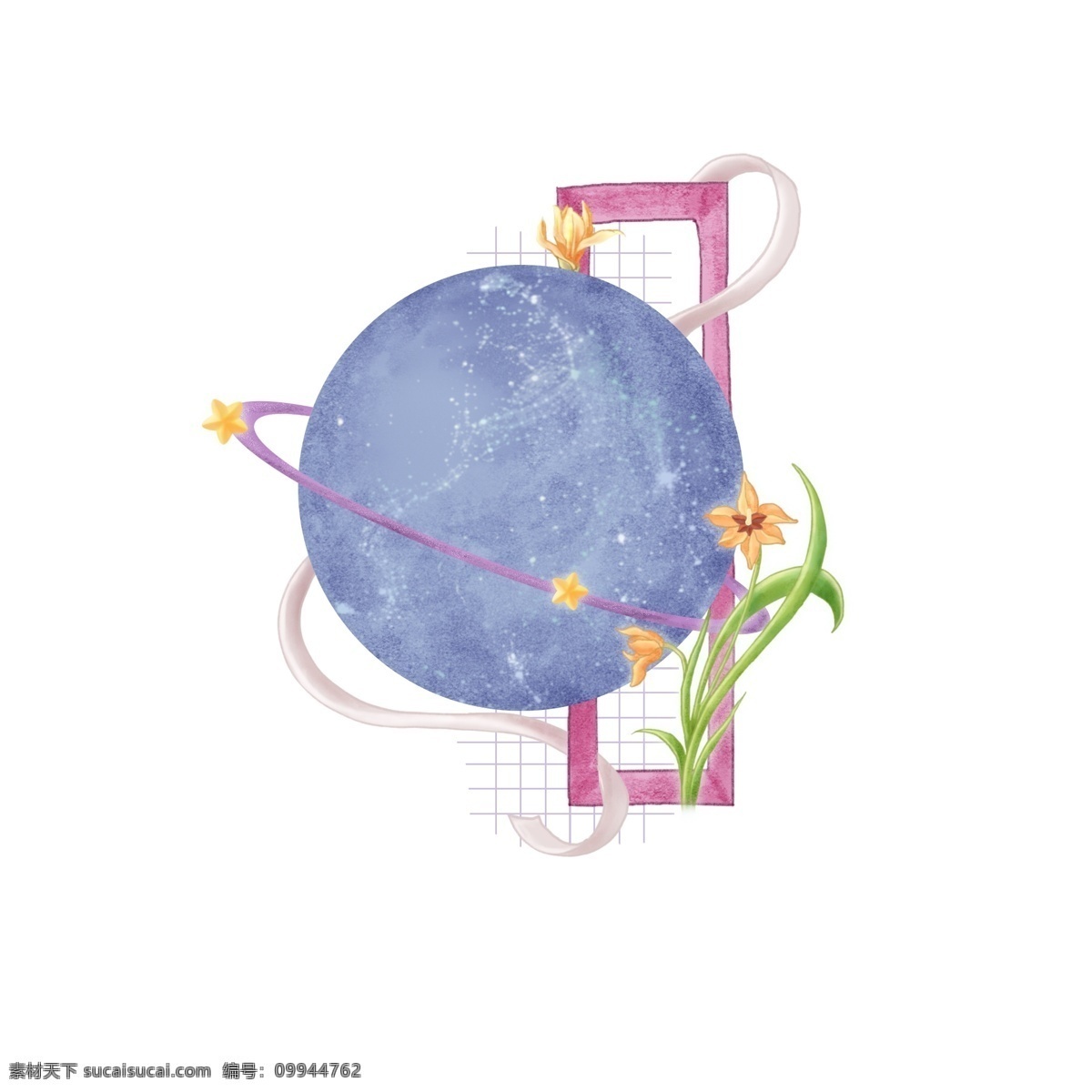 手绘 水彩 小 清新 星球 兰花 植物 丝带 画框 水彩植物 地球 相框 小清新