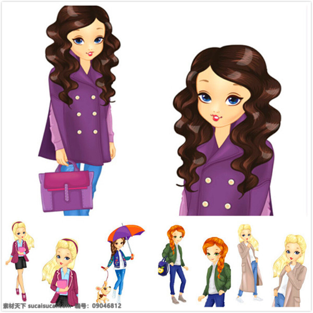 时尚美女矢量 矢量素材 矢量图 设计素材 创意设计 卡通 女孩 人物 服饰 服装 时装 女装 小狗 狗狗 雨伞