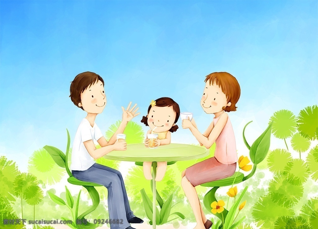 欢乐一家人 幸福一家人 团聚 父爱 母爱 亲子行动 一起喝水 欢乐家庭 卡通漫画 韩式风格 分层 设计素材 家庭生活 分层插画 psd源文件 动漫动画 动漫人物