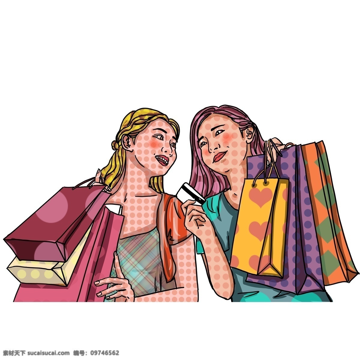 彩绘 波普 风 三八节 一起 购物 母女 俩 波普风 女性 人物 妇女节 手绘 购物袋 信用卡