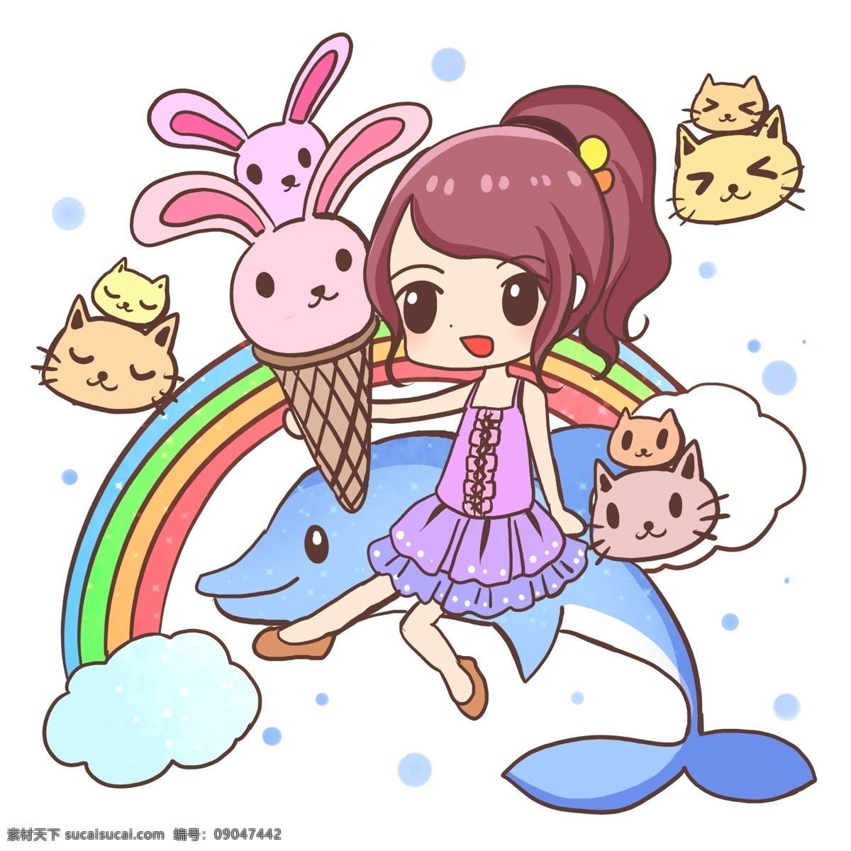 夏日 女孩 小 动物 夏天 海豚 兔子 猫咪 彩虹 嬉戏 冰淇淋 甜筒 冰棒 凉爽 女孩子 可爱 好吃 美味 裙子