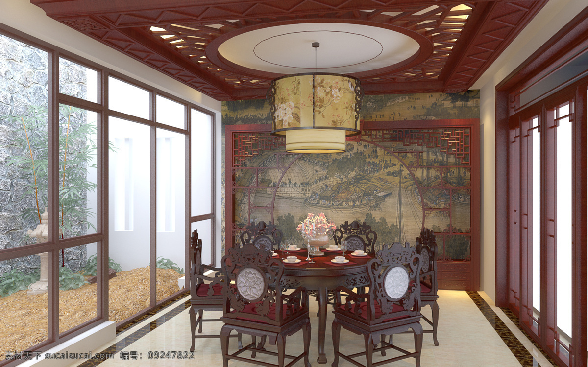 餐厅 吊顶 红木 环境设计 木质 室内设计 圆桌 中式 设计素材 模板下载 中式餐厅 家居装饰素材