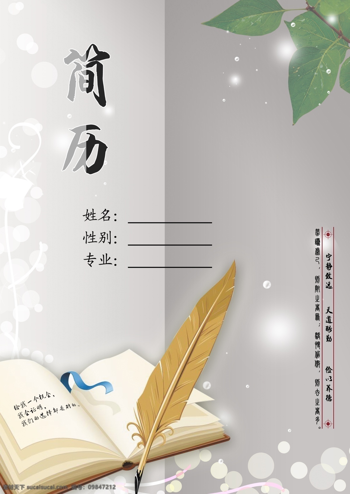个人简历 树叶 书 羽毛笔 灰色 分层 源文件