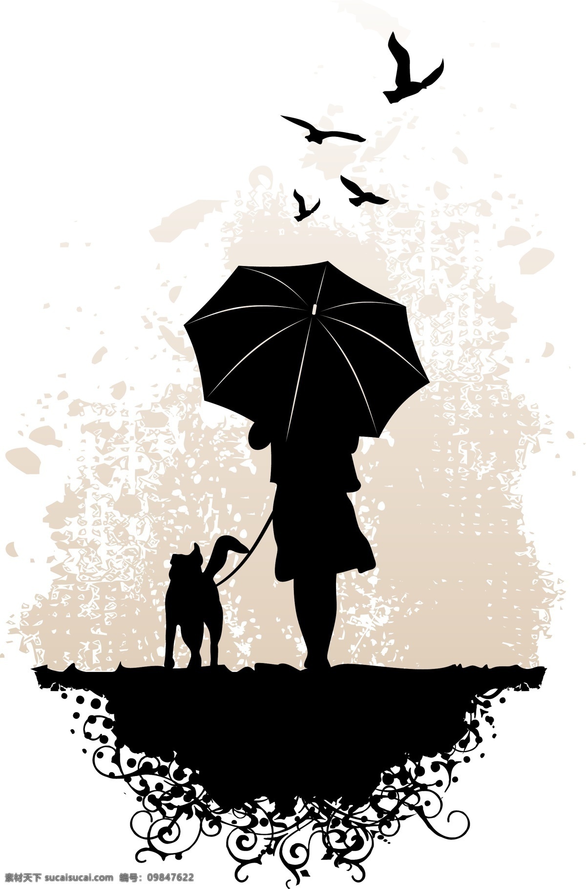 遛 狗 人物 剪影 矢量 宠物狗 飞鸟 花纹 遛狗 雨伞 免费 矢量图 矢量人物