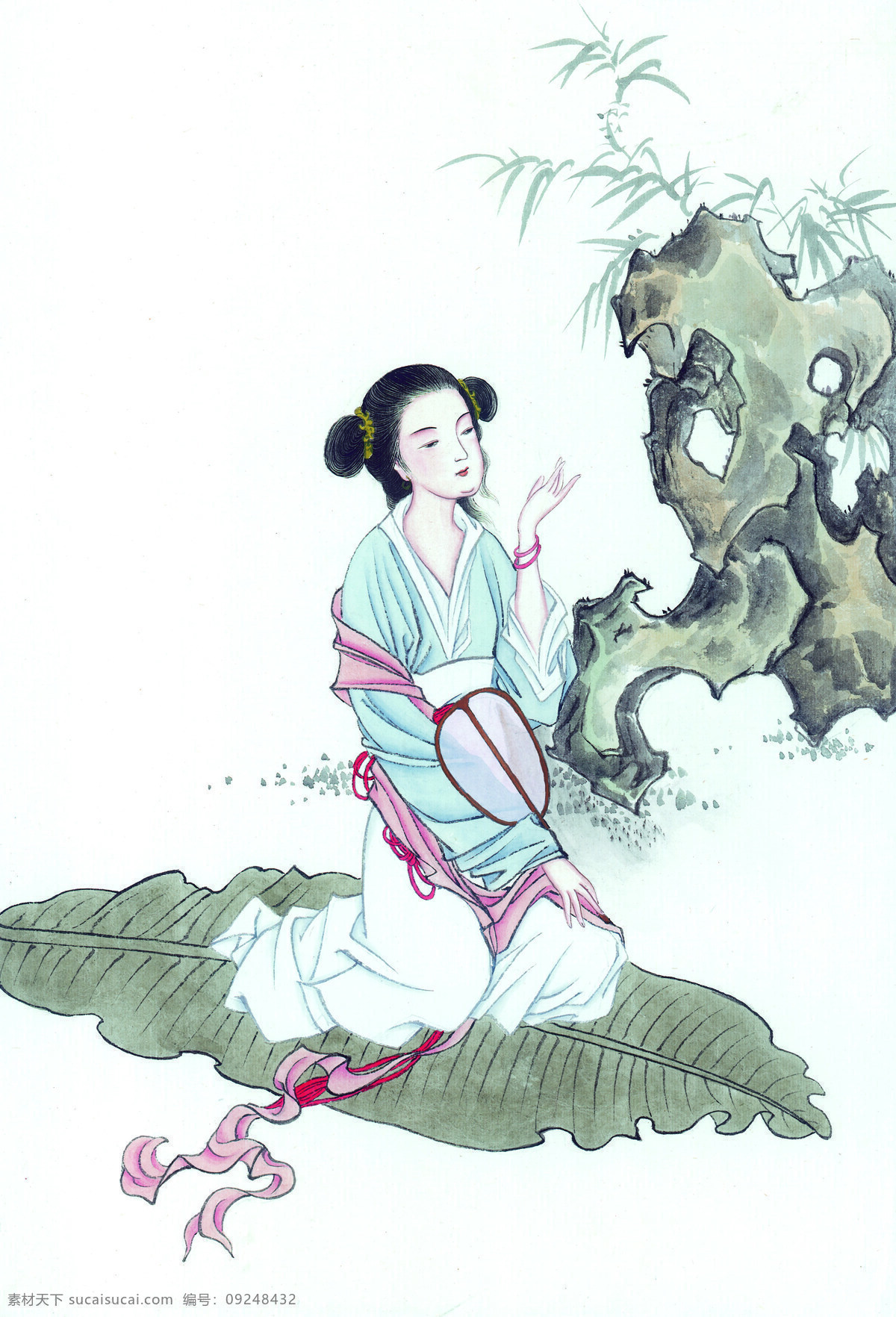 人物图 女子 女人 少女 人物 叶子 植物 假山 石头 怪石 国画 中国画 中国国画 文化艺术 绘画书法 古代人物图 设计图库 中国国画系列