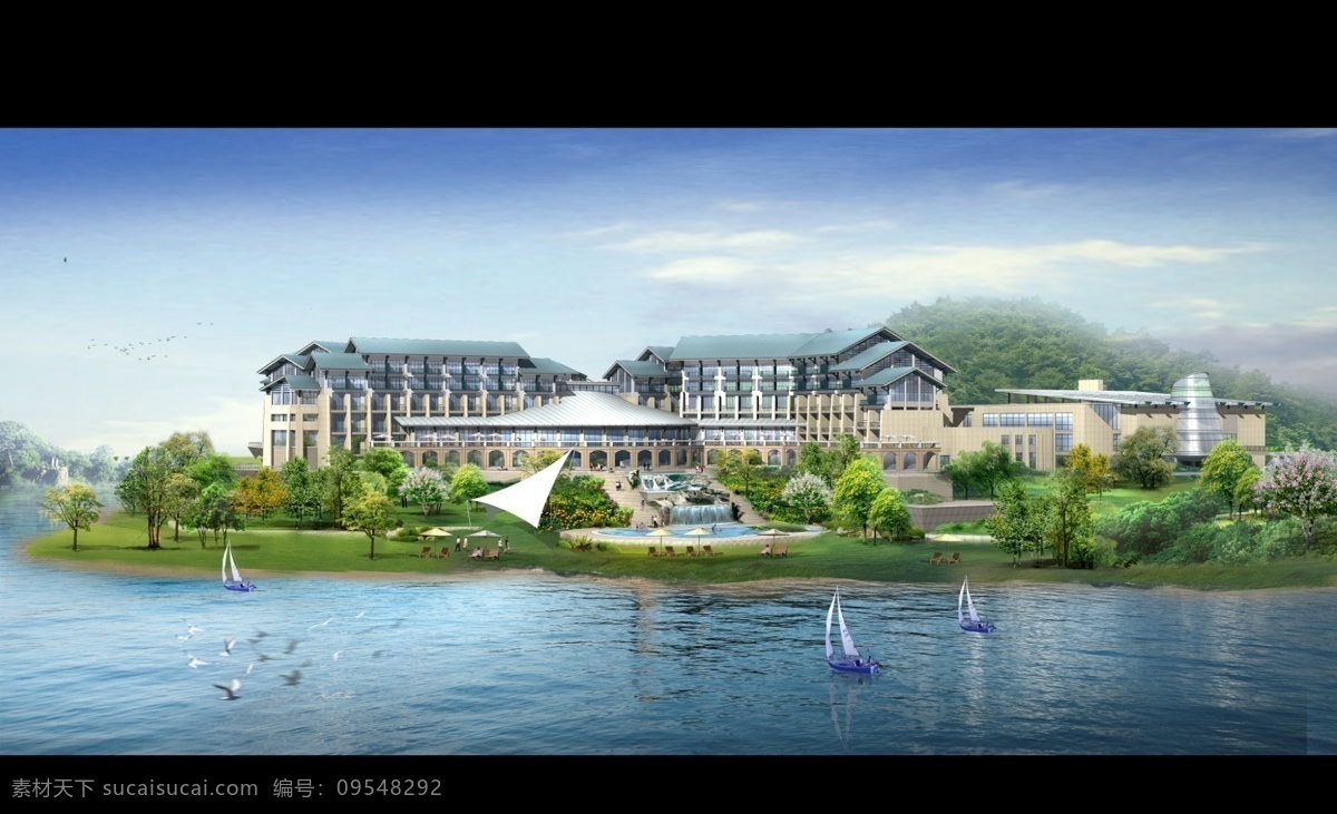 湖光别墅 湖面 别墅群 天空 花园 美景 环境设计 建筑设计 黑色