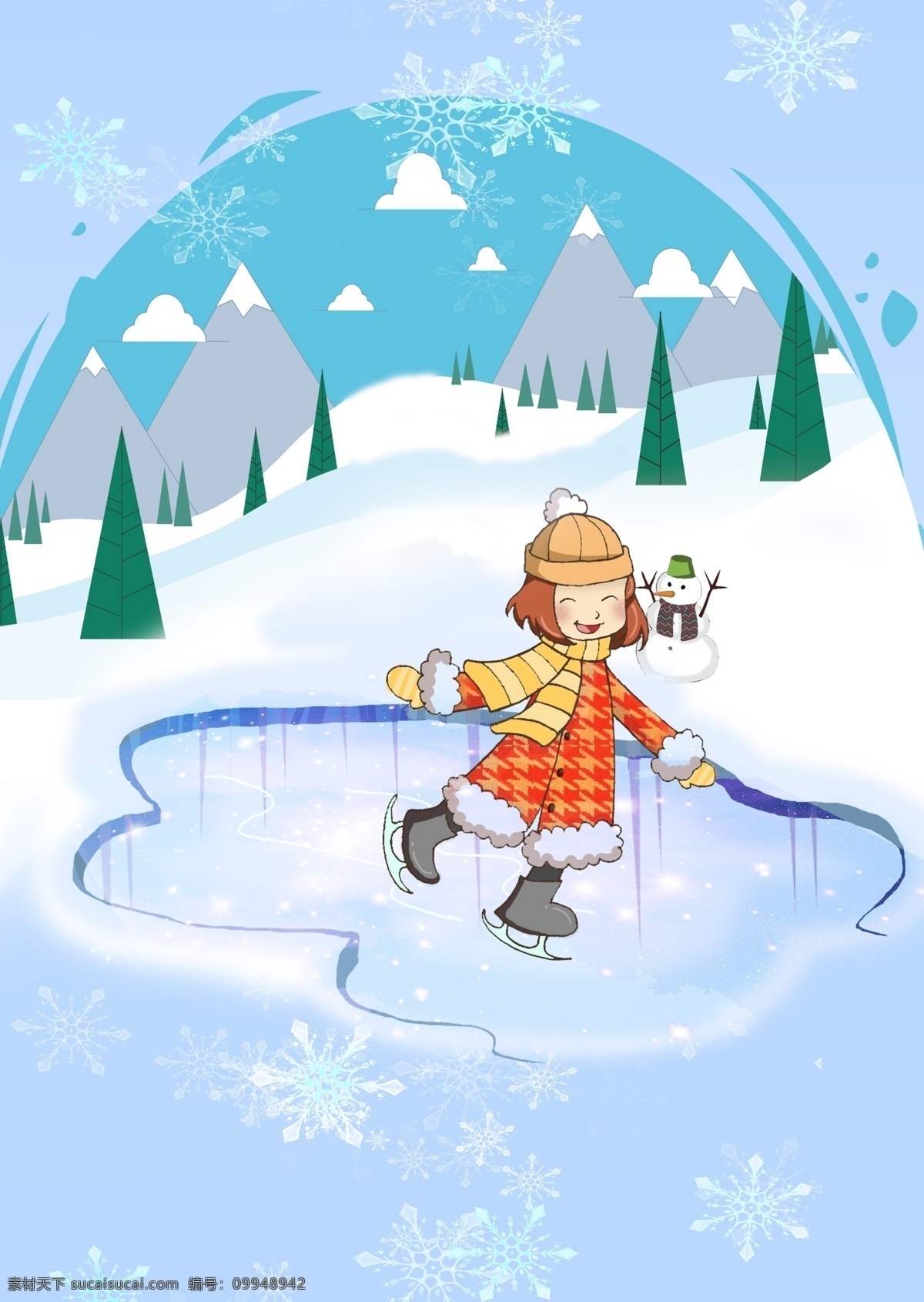 冬天 溜冰 滑雪 插画 海报 背景 运动 开心 兴奋 小女孩 雪花 冰 树 白色 绿色 蓝色 橘色 雪地 溜冰鞋