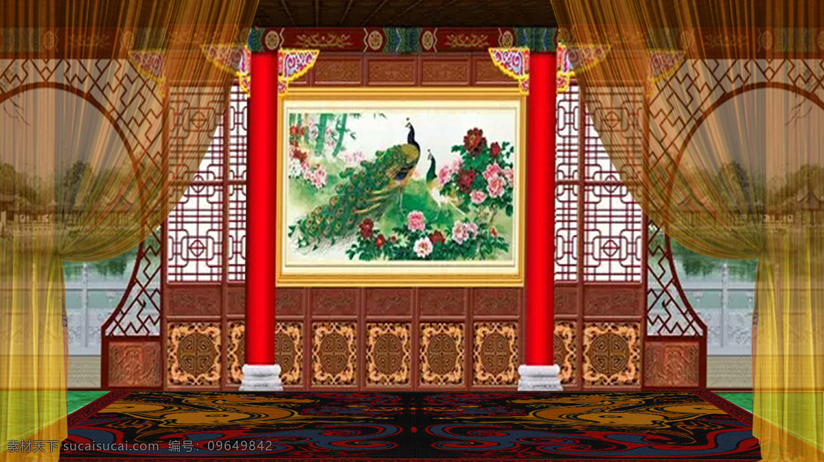家景 京剧 戏剧 背景 古代 舞台 孔雀 纱幕 文化艺术 传统文化