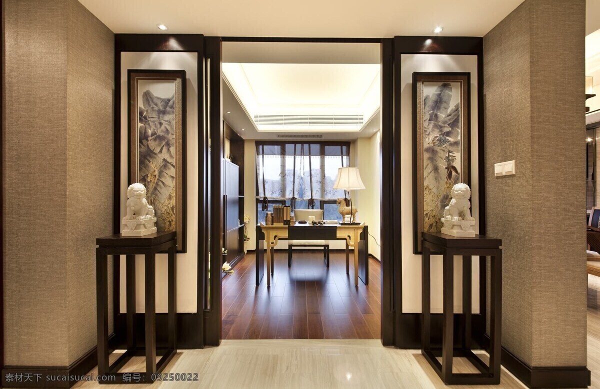 中式 清雅 客厅 走廊 花瓶 装饰 室内装修 效果图 卧室装修 走廊装修 木地板 木制架子