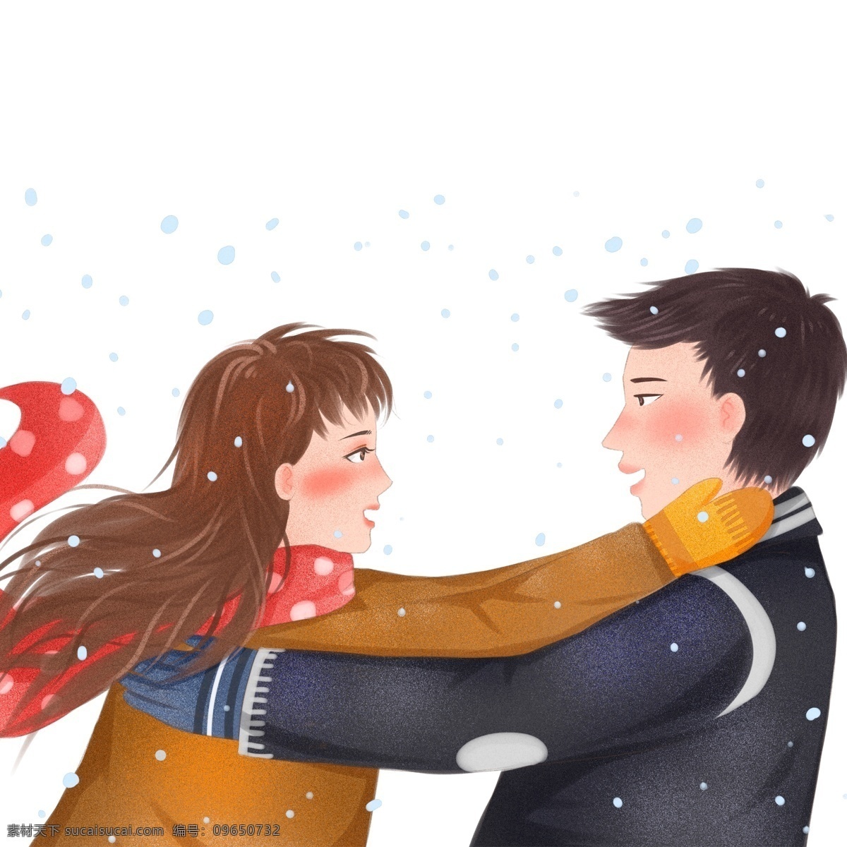 浪漫 唯美 大雪 中 拥抱 情侣 冬季 插画 手绘 女孩 男孩
