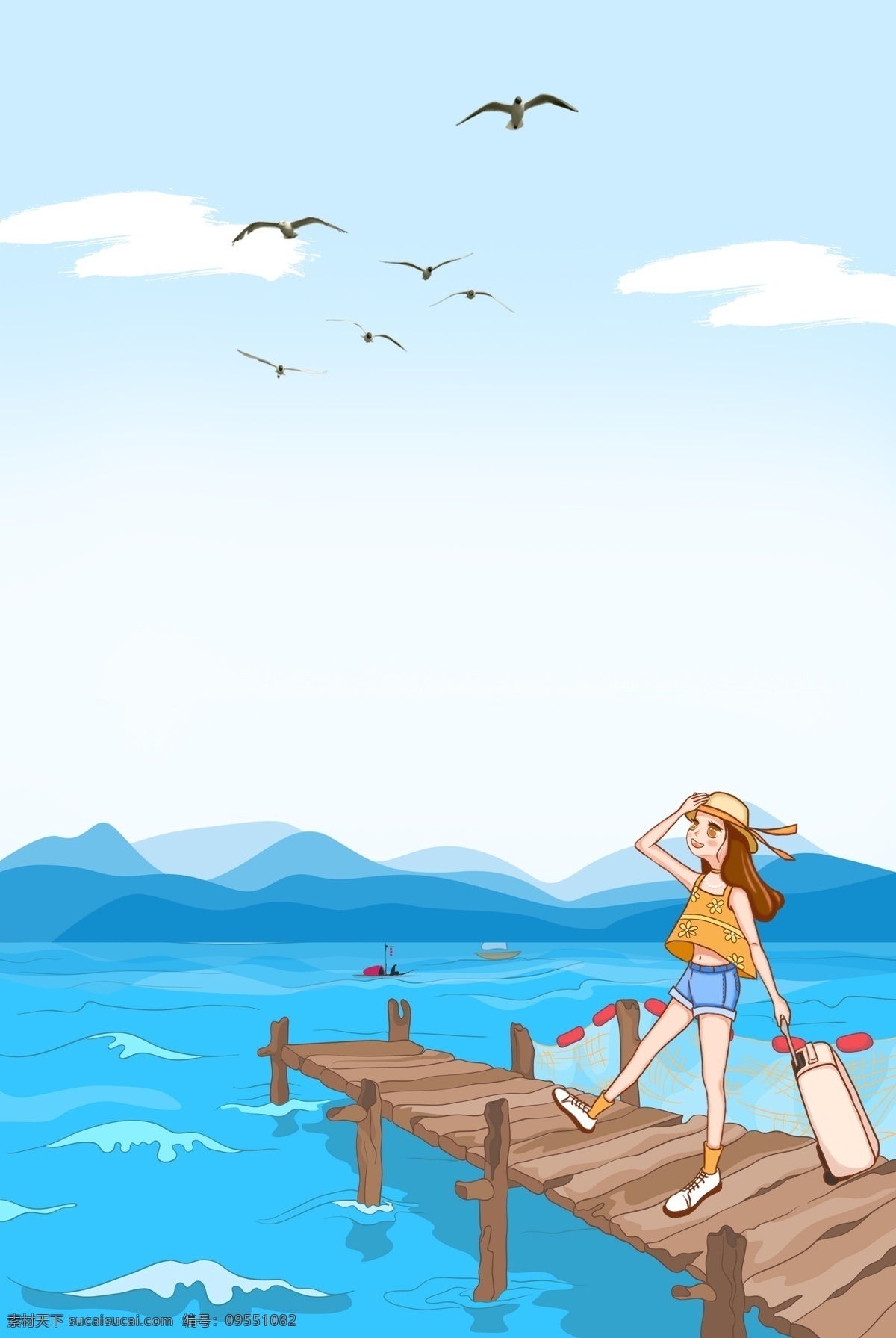 海边 旅行 旅游风景 卡通 背景 旅游 风景 卡通背景 海 大海 小女孩 行李箱 我们去旅行 诗和远方