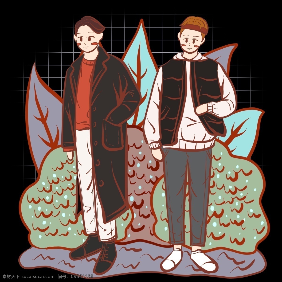 手绘 时尚 文艺 潮 男 青年 卡通 小 插画 男性 时尚潮男 大衣 毛衣 棉马甲 复古 植物 植被叶片草丛 双十 服装 衣 品类 电商 活动 通用 图案 购物 节 狂欢 新潮 形象