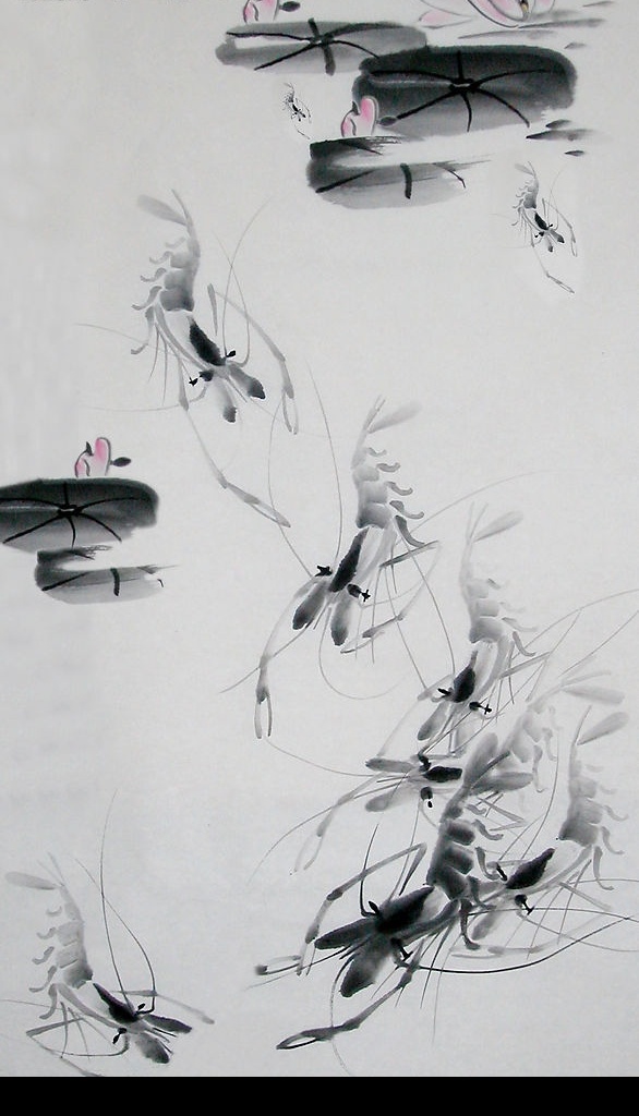 荷花水墨画 水墨画 荷花 水墨虾 虾 荷叶 对虾 文化艺术 绘画书法 设计图库