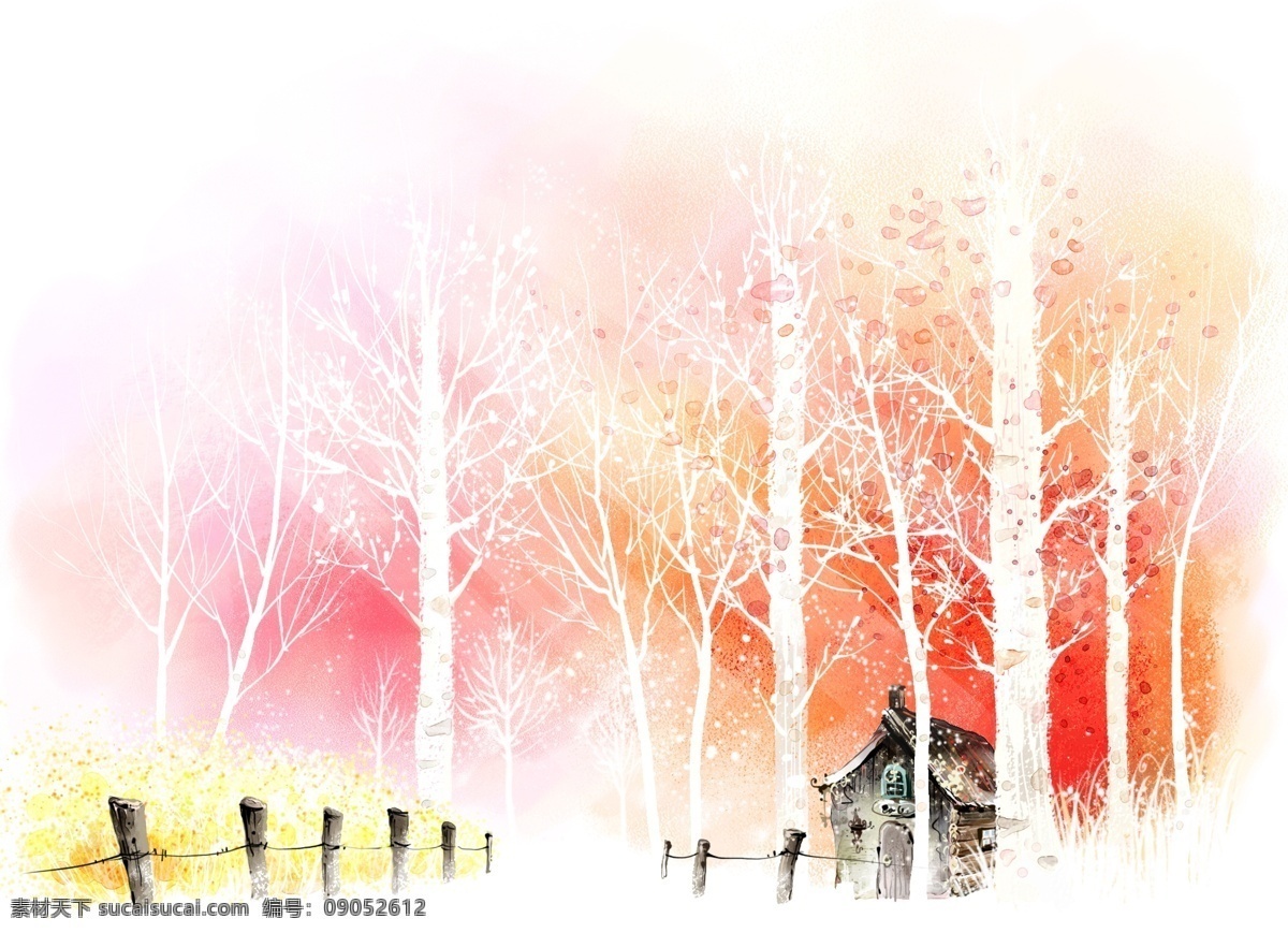 风景水彩画 大树 秋天 风景 水彩画 白色