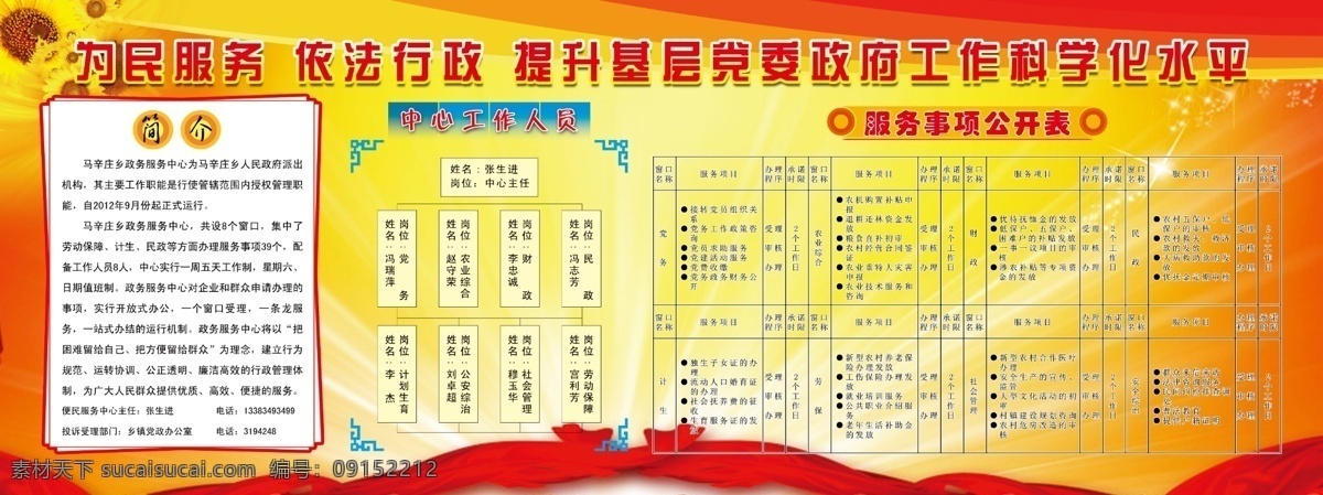 广告设计模板 红黄背景 红黄底图 源文件 展板底图 展板模板 便民展板 便民服务 事项 公开 表 服务窗口 乡镇便民展板 便民中心 其他展板设计