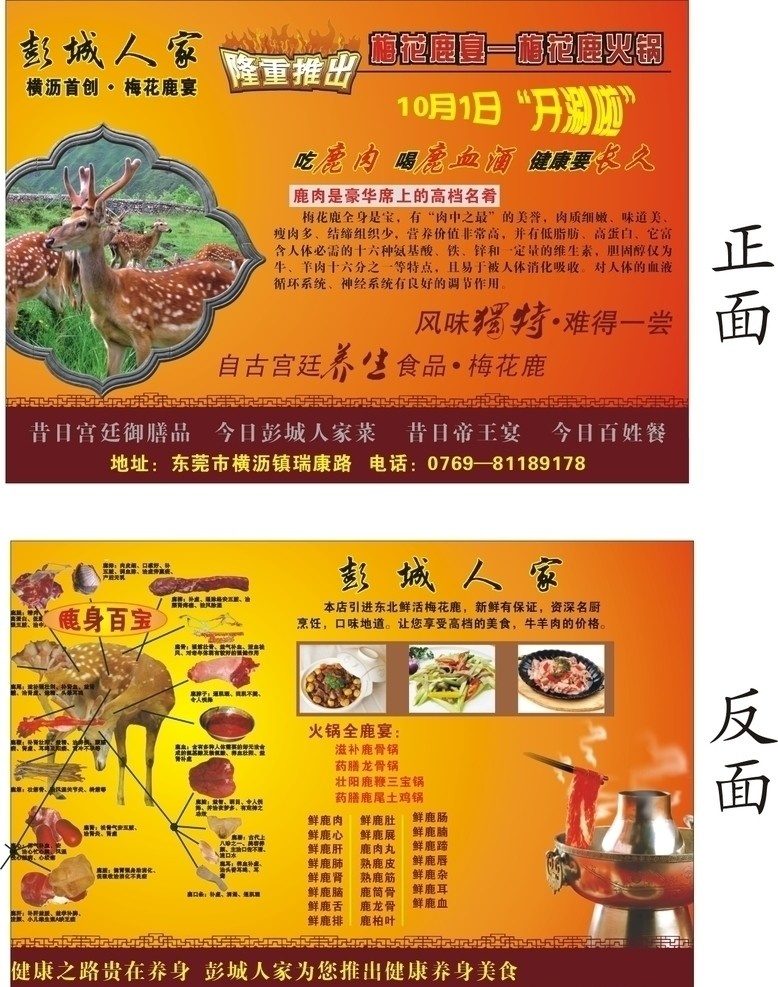 梅花鹿宣传单 滋补鹿肉 火锅 鹿身分解图 梅花鹿 板栗焖鹿肉 古典花边 dm宣传单 矢量