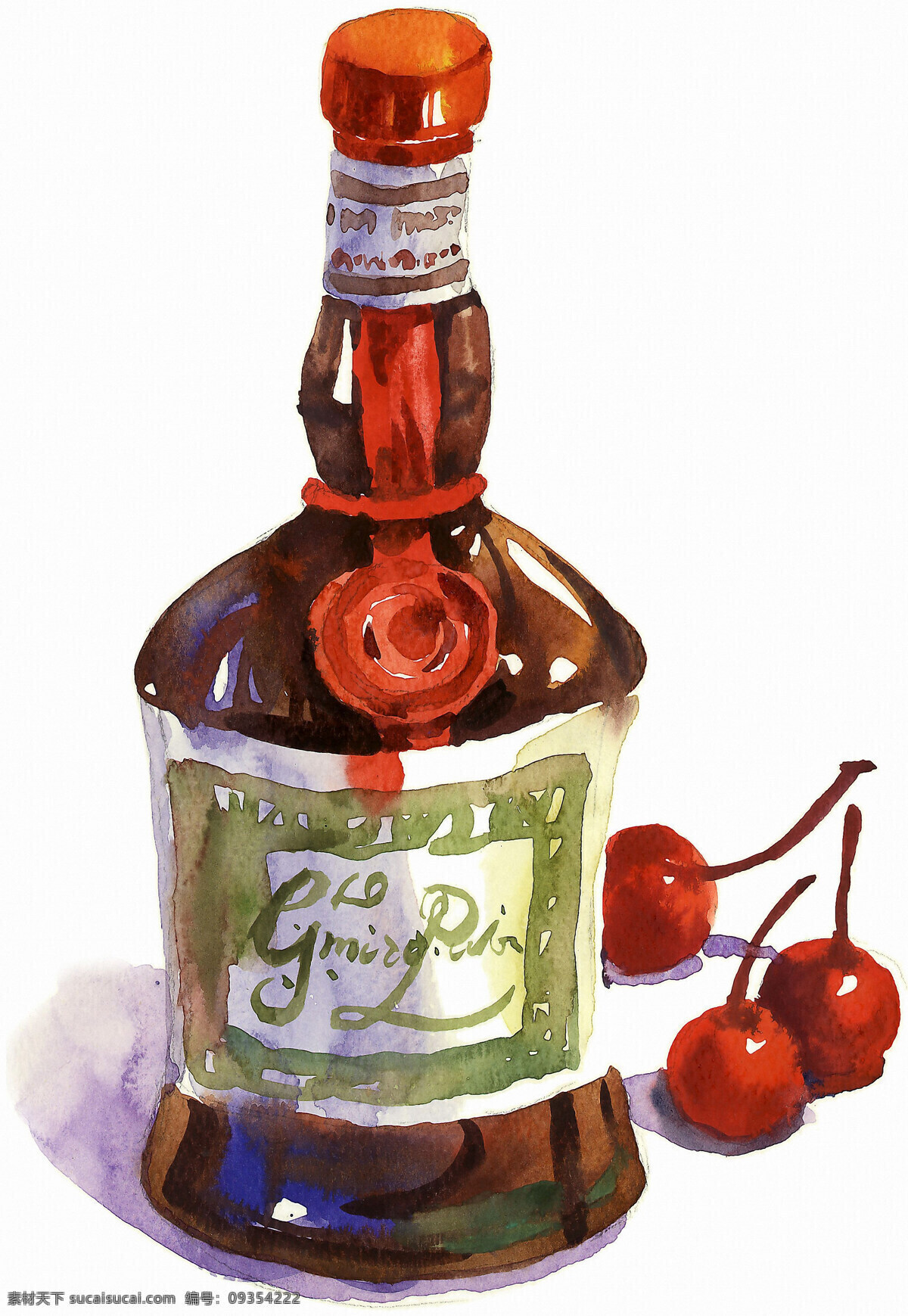 红酒 绘画 绘画书法 酒瓶 立体 瓶子 容器 瓶子设计素材 瓶子模板下载 水彩 水果 樱桃 文化艺术 psd源文件